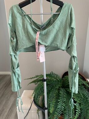 Oh Polly Sage Green Cropped Long-Sleeve Top